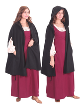 KELLY WOOL Schwarzer Kurzmantel – Mittelalterlicher Kurzmantel aus Wikingerwolle mit Kapuze und Taschen